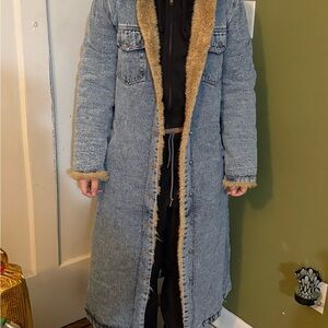 Denim Long Coat with Faux Fur Trim